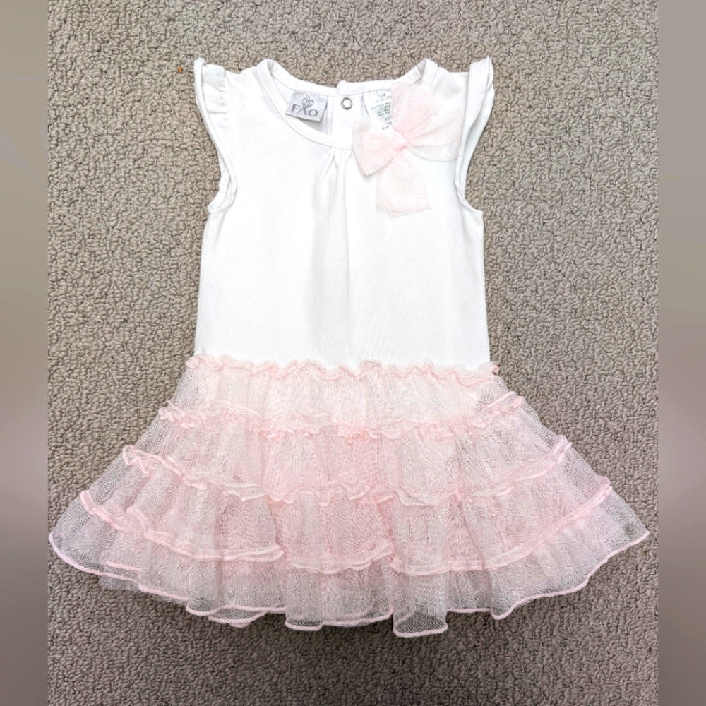 FAO Schwartz 18m White and Pink Ruffled Cotton Knit Stretch Dress onsie Tutu